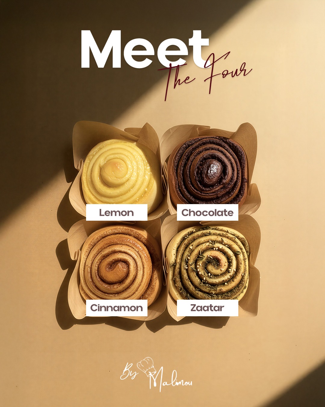 The four signature rolls: lemon, chocolate, cinnamon and zaatar